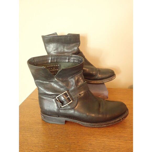 Frye Phillip Harness Moto Biker Ankle Boot with Zip Leather Size 7 Black Buckles - Picture 1 of 13